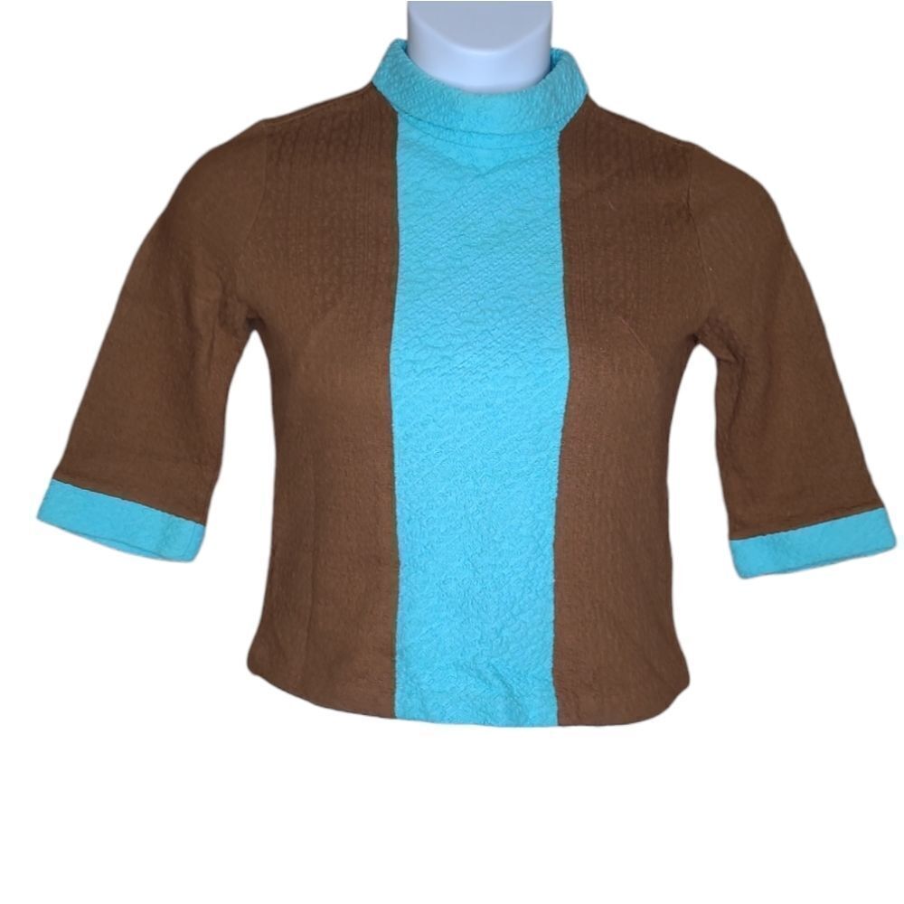 VINTAGE 70s two tone mock neck 3/4 sleeve brown and blue‎ fitted top S